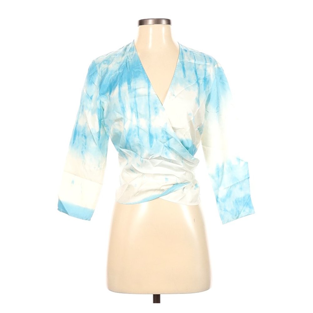 Lafayette 148 New York Blue and White Wrap Blouse